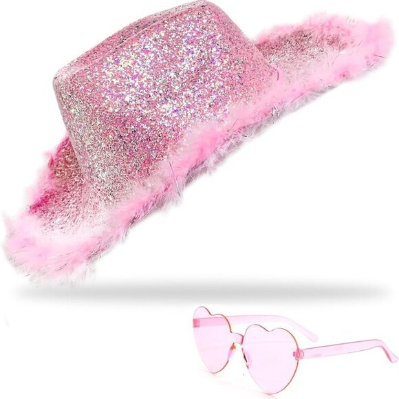 Accessories - Pink Cowgirl Hat with Feather Boa and Heart Sunglasses for Women&Men Party